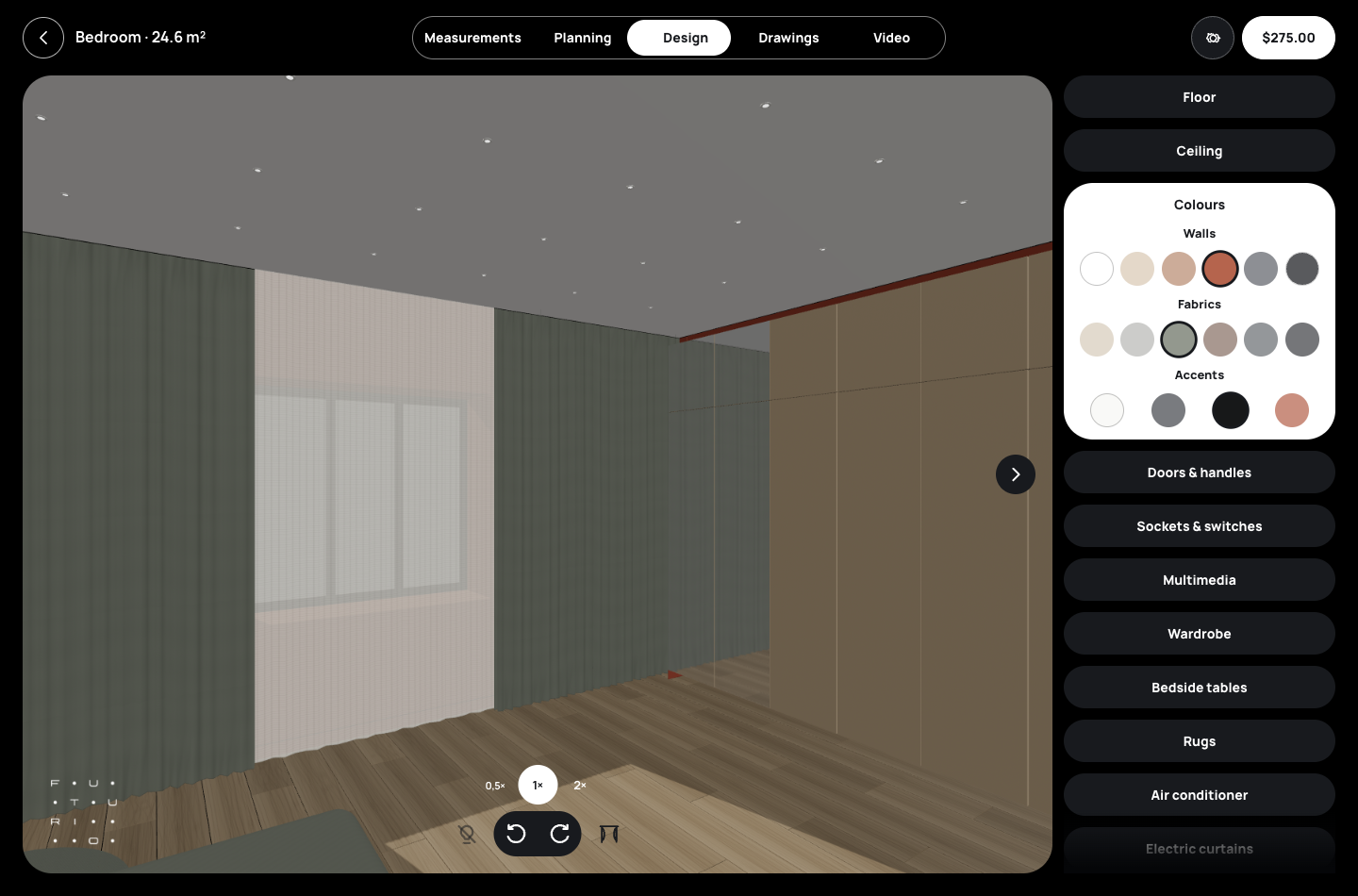 English 3D bedroom view with a window, curtains, bed and selected materials