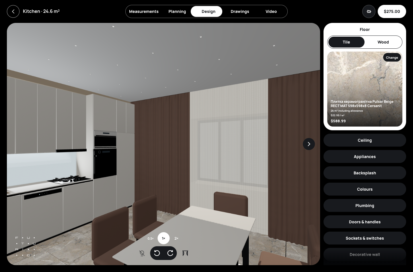 English FUTURIO Home kitchen with stone-pattern floor tile, cabinet fronts, table and curtains