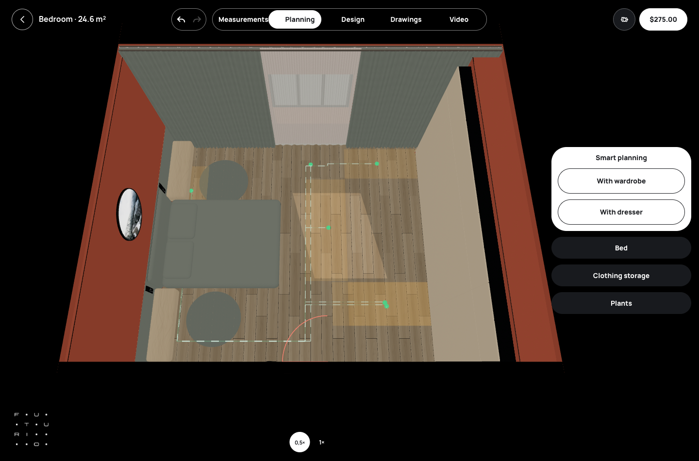 English 3D bedroom plan with a bed, storage, window and open circulation space