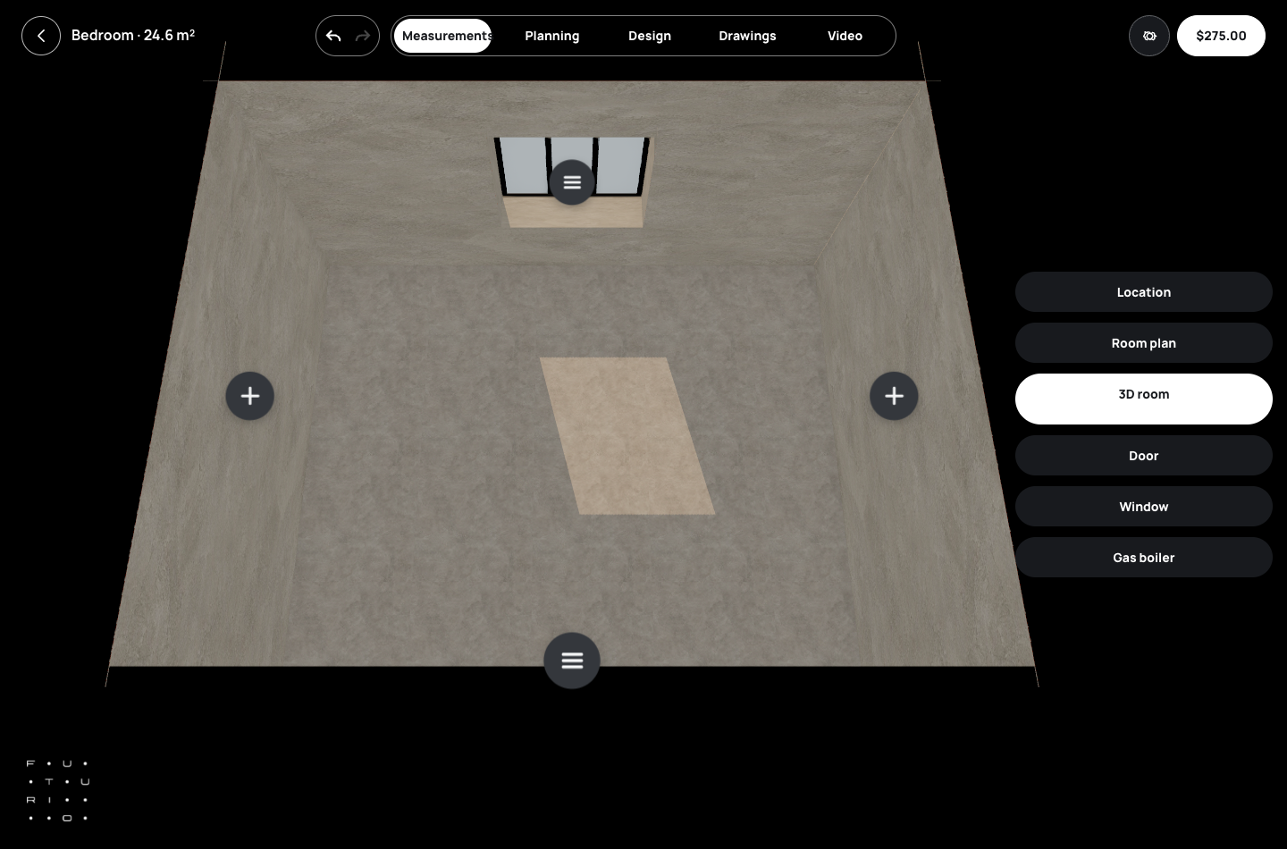 English 3D room view showing the measured outline with a window before furnishing