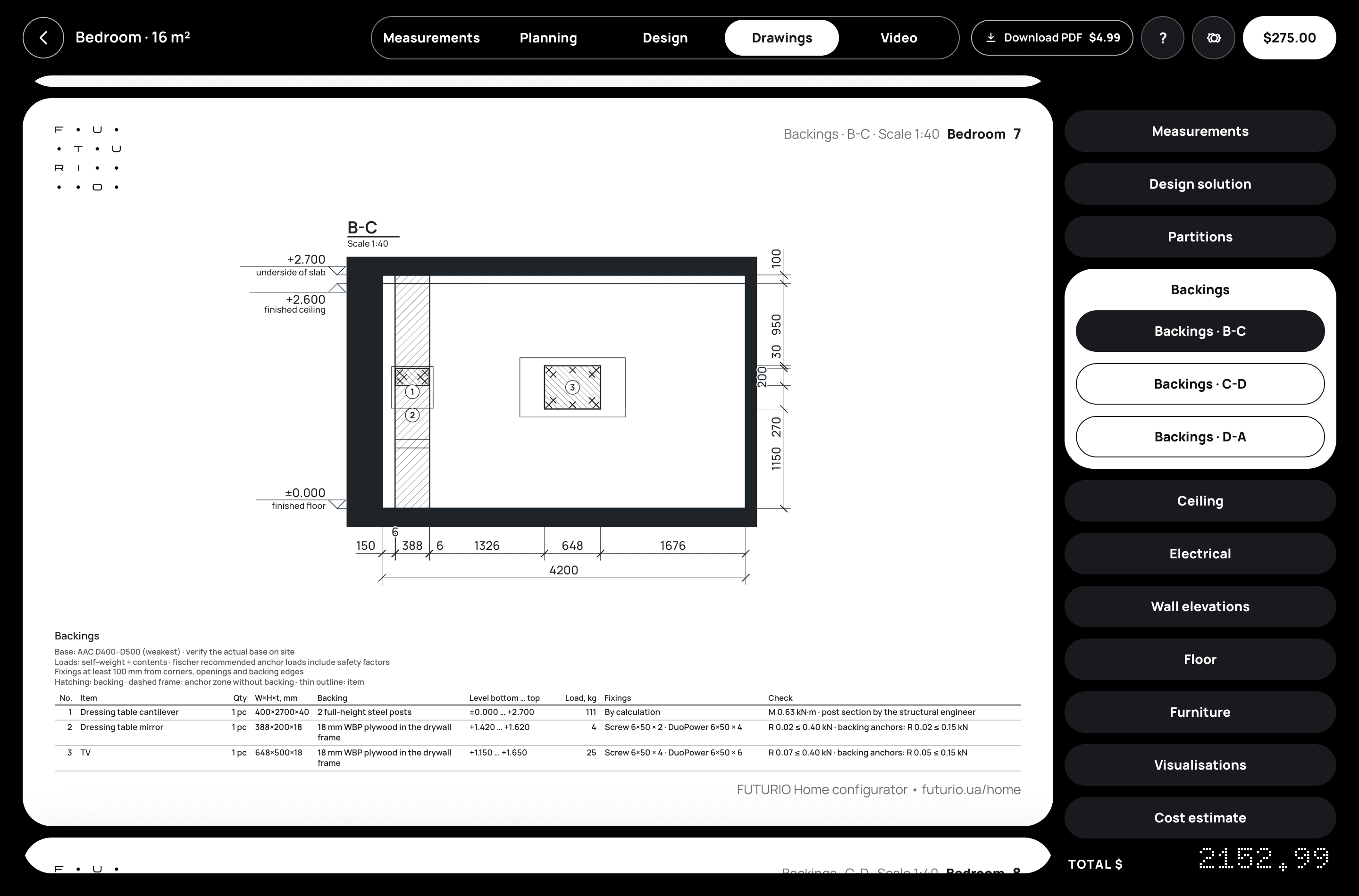 Backings sheet for bedroom wall B–C: the dressing table cantilever, its mirror and the TV, with a table of heights, loads and fixings