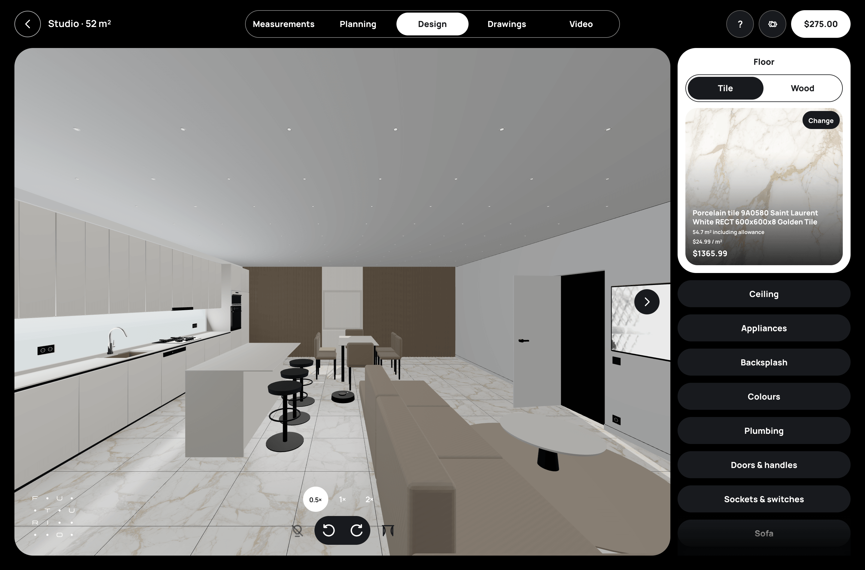 Kitchen studio in FUTURIO Home 0.5 Design mode: a straight run of cabinets, an island with three stools and a marble-look tile floor
