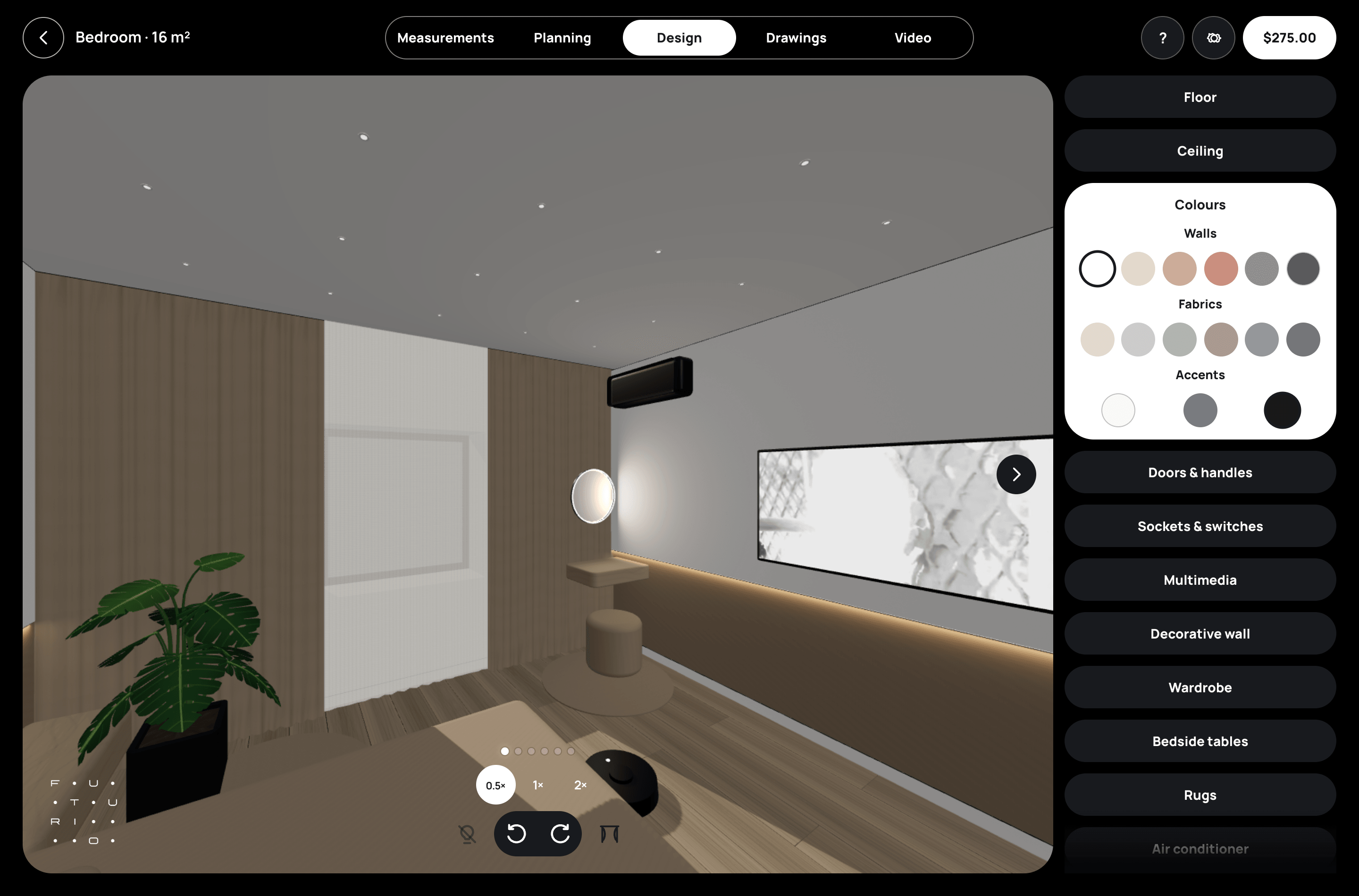 Bedroom in 3D Design mode: a dressing table with a round mirror, a monstera in a planter and a curtained window