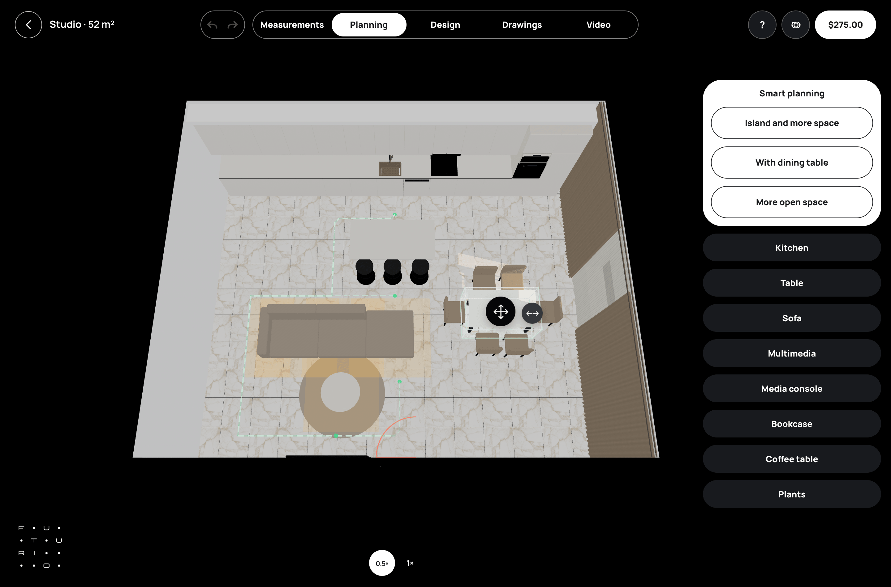 Studio plan in Planning mode: the selected six-seat dining table with its resize arrow