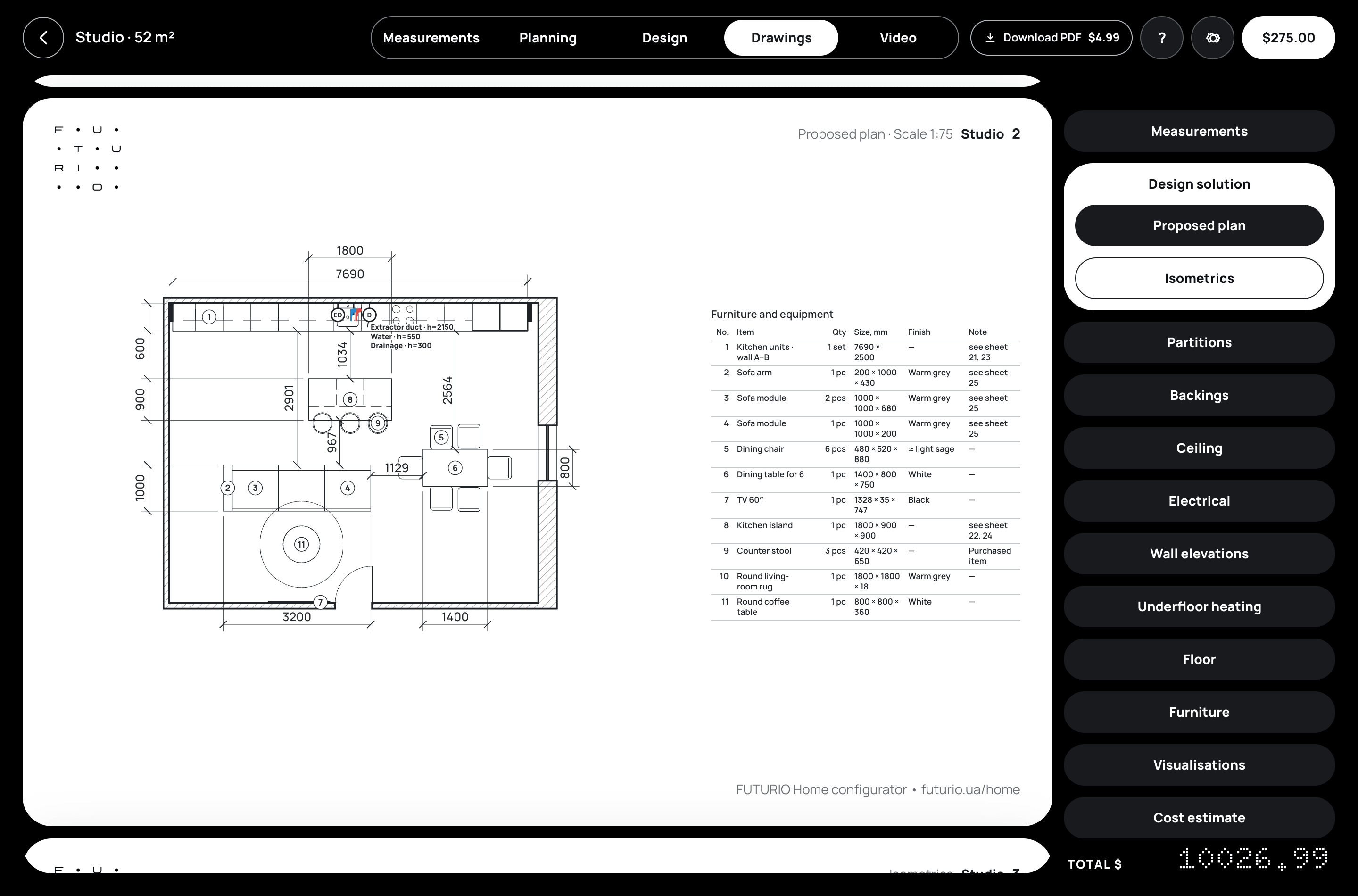 FUTURIO Home Drawings section in English: the proposed plan of a studio with numbered furniture, the schedule beside it and the drawing set navigation on the right