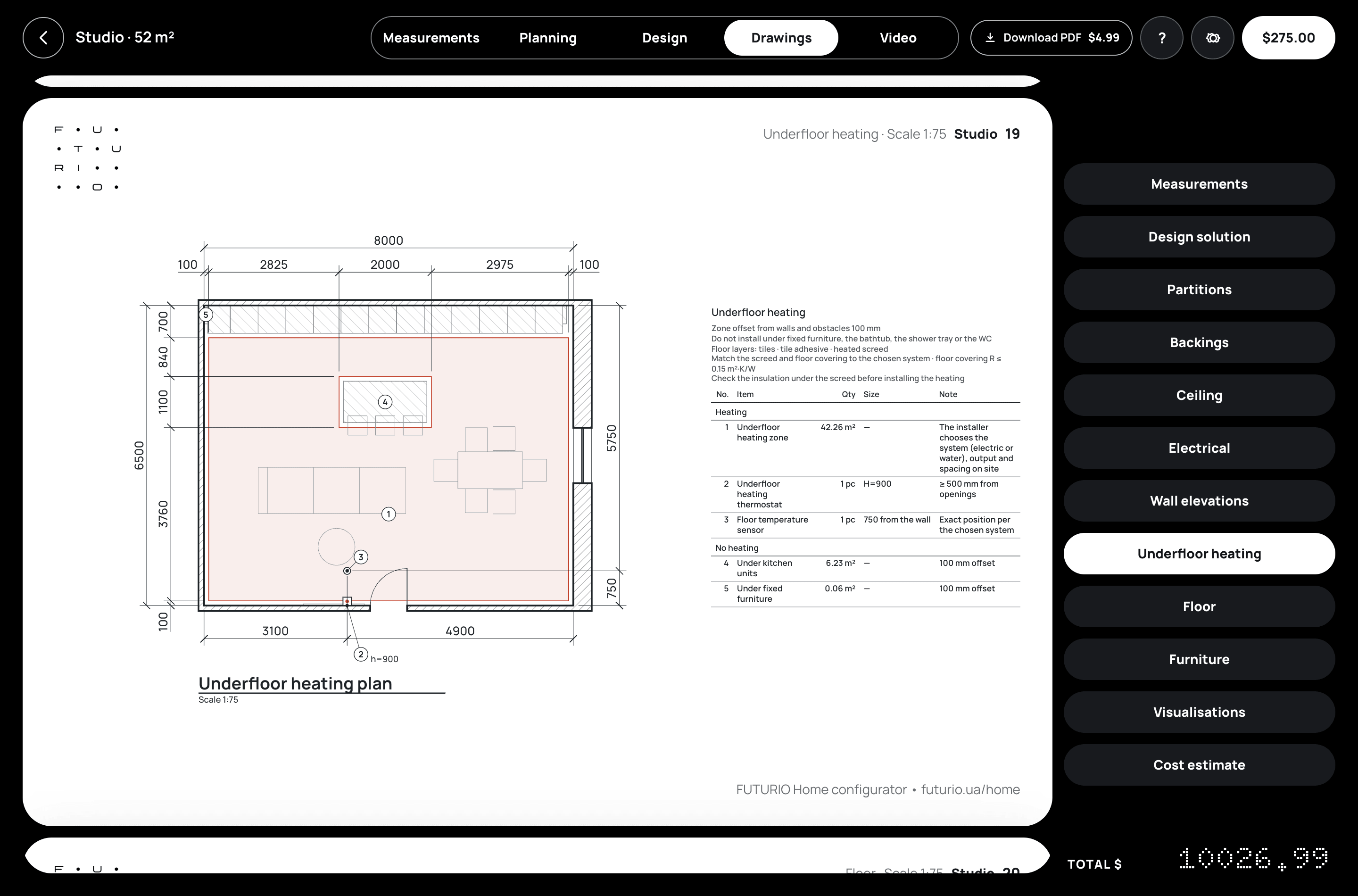 Underfloor heating sheet for the studio: the heated zone avoids the kitchen units and island, with the thermostat and sensor marked