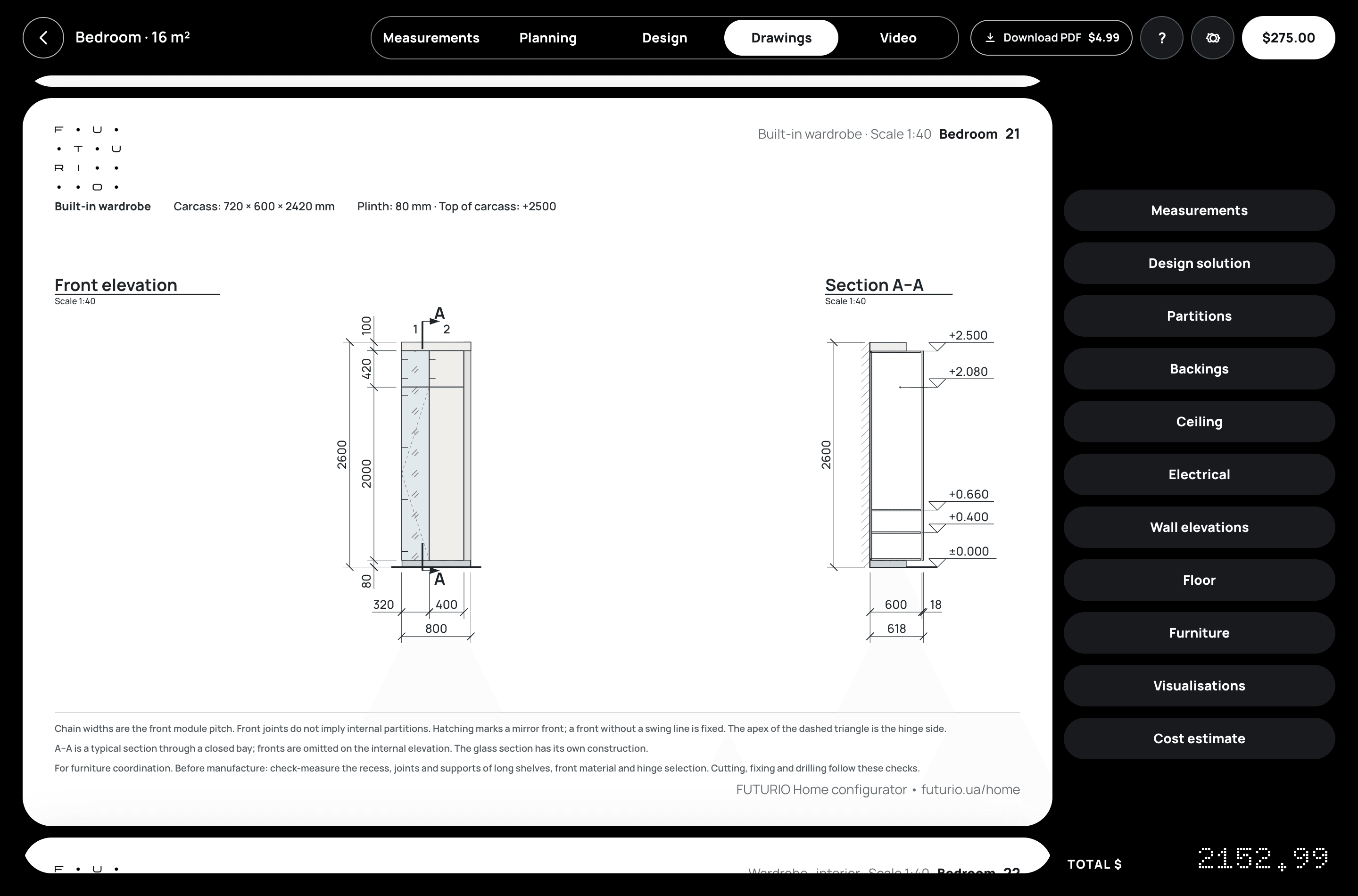 Built-in wardrobe drawing for the bedroom: front elevation with section widths and a full-height section