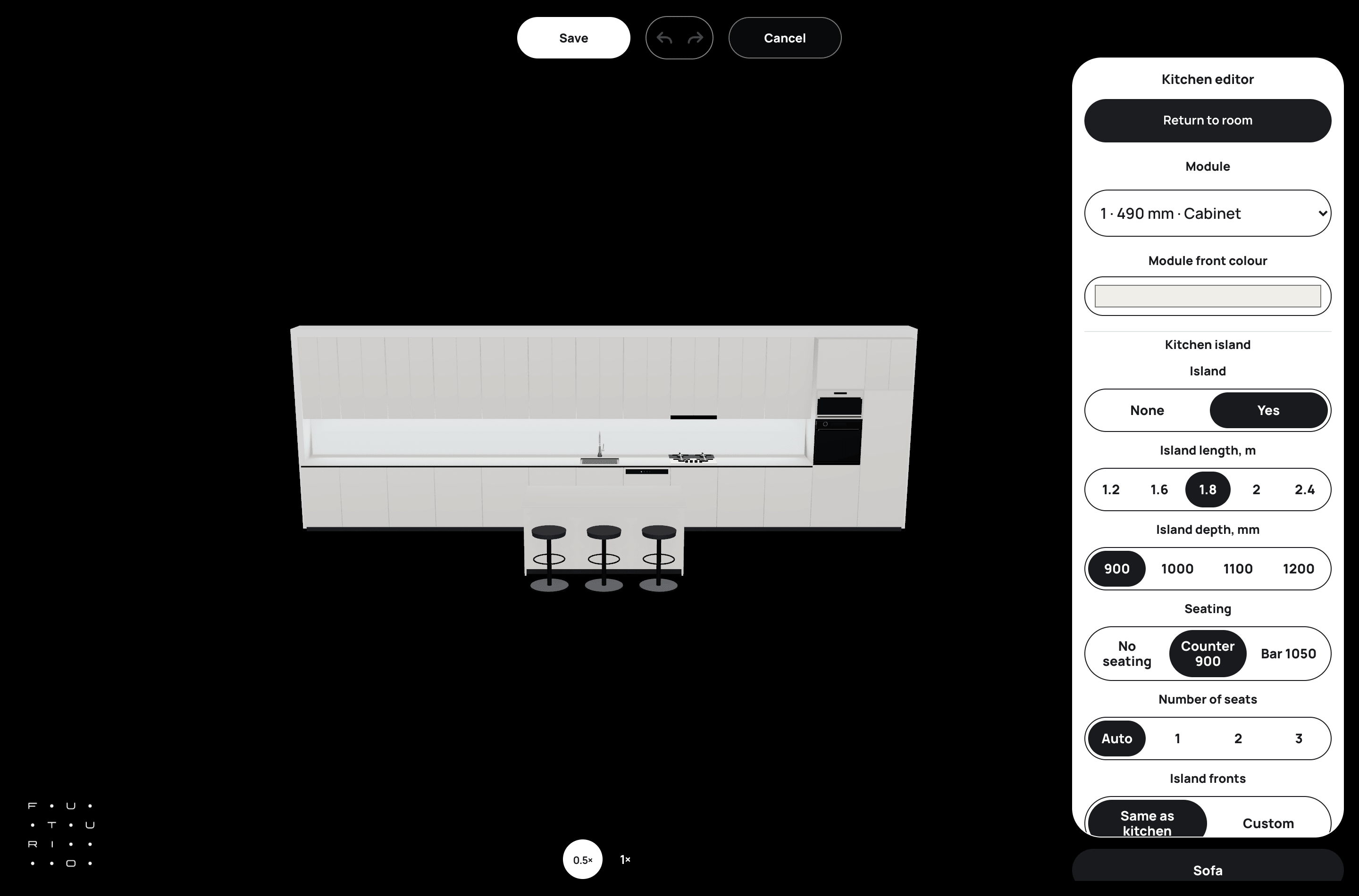 FUTURIO Home kitchen editor: a straight run of cabinets, a 1.8 m island with three stools and seating controls