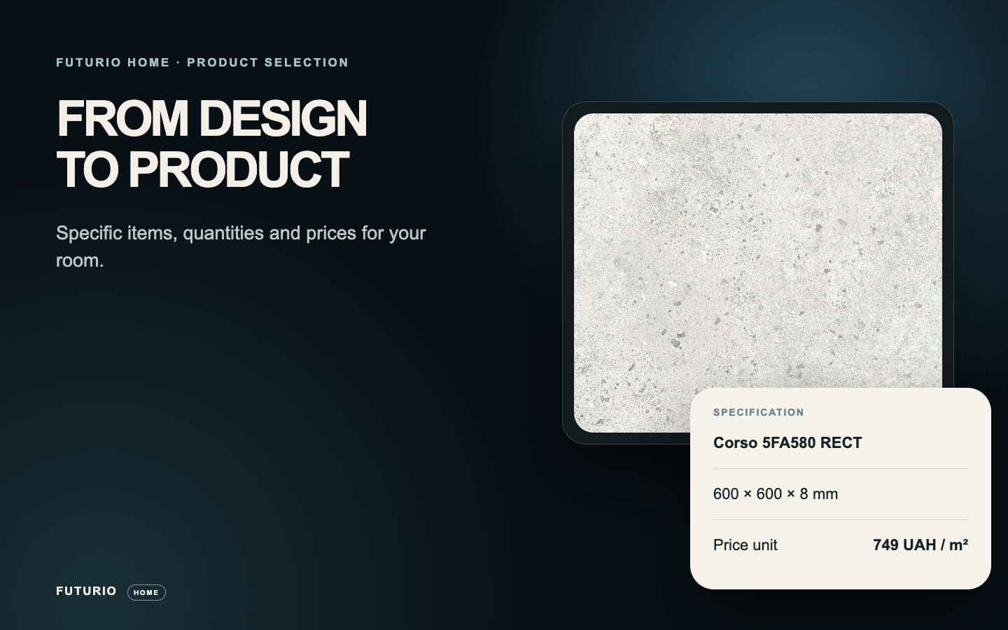 Actual Corso 5FA580 RECT tile texture with its product name, format and Home catalog price