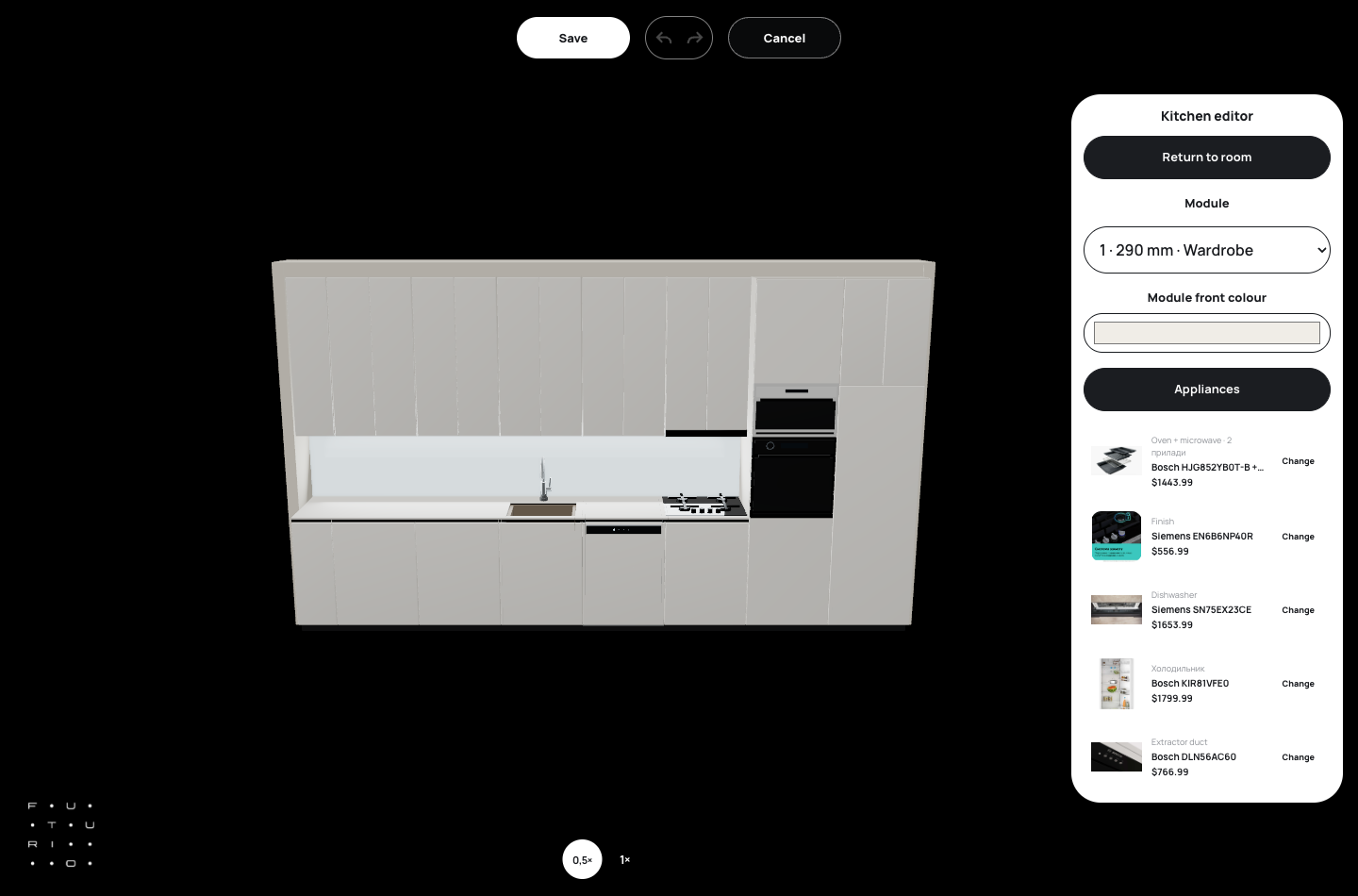 List of built-in Bosch and Siemens appliances in the kitchen editor with dollar prices and Change buttons