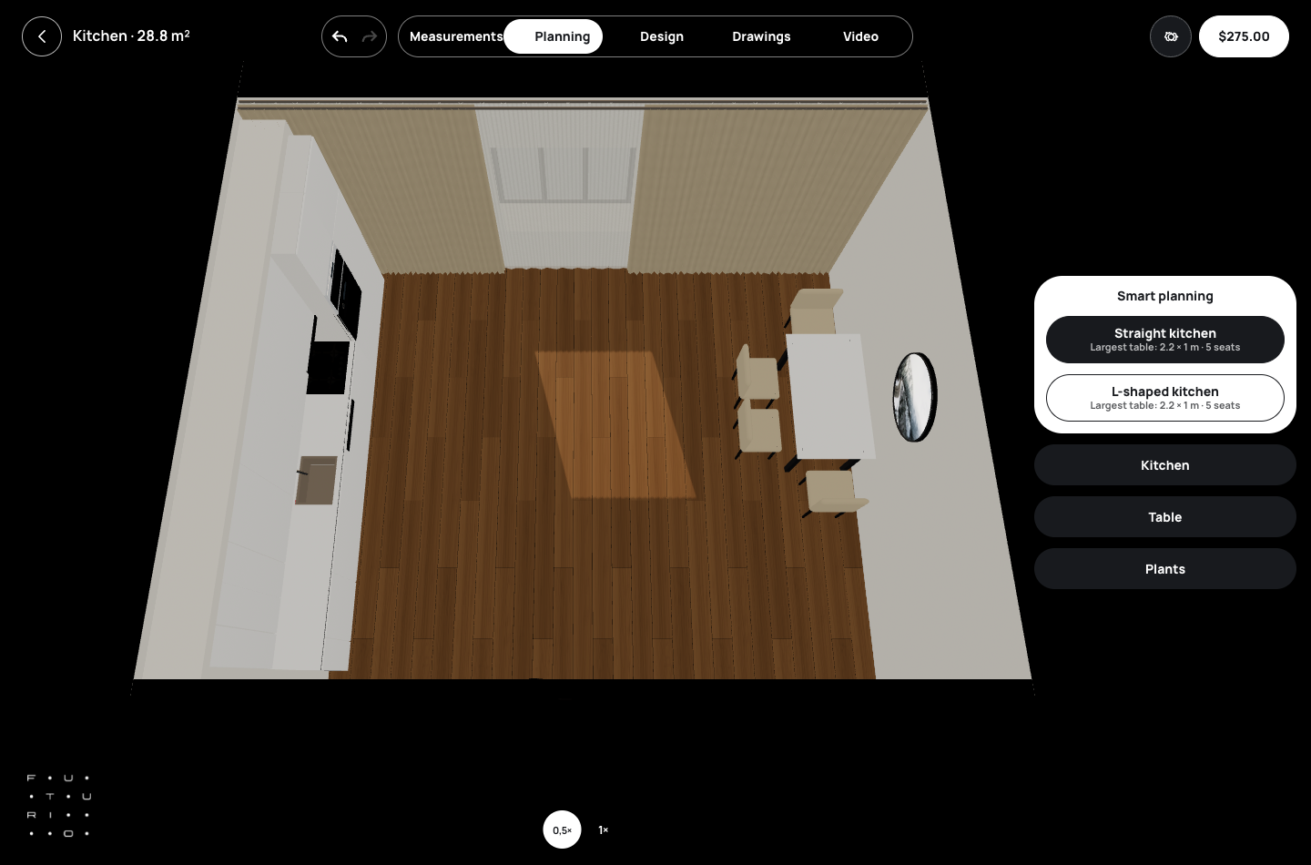 Top-down view of a 28.8 m² kitchen in FUTURIO Home with a straight kitchen run and a five-seat dining table