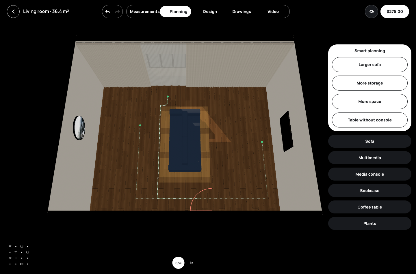 Top-down view of a 36.4 m² living room with a blue double-sided sofa in the middle and dashed walkways