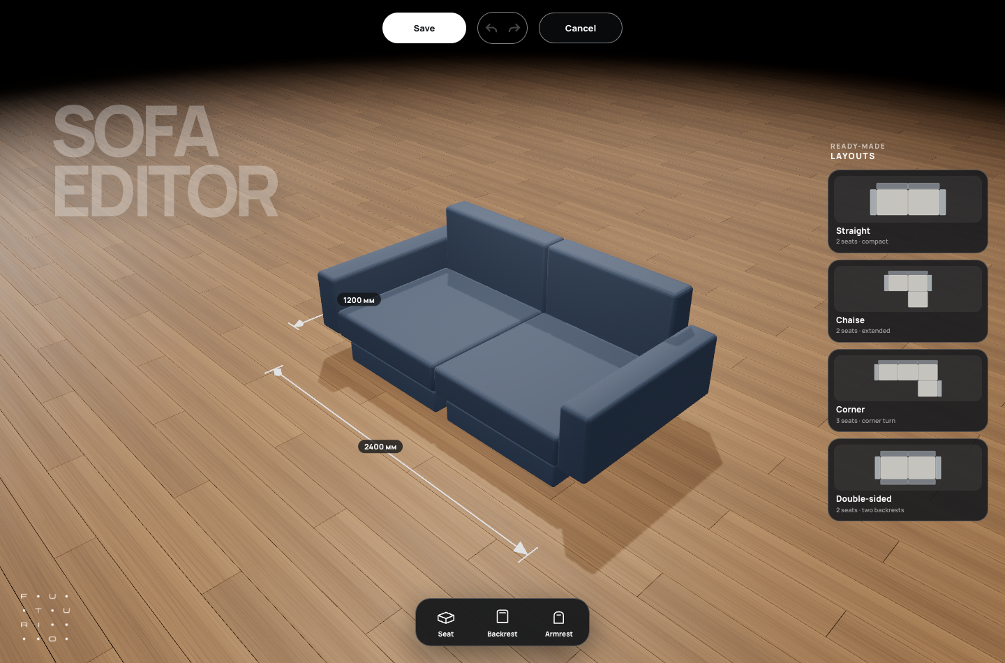 FUTURIO Home sofa editor: a 2,400 × 1,200 mm double-sided sofa with ready-made layouts on the right and a Seat / Backrest / Armrest dock below